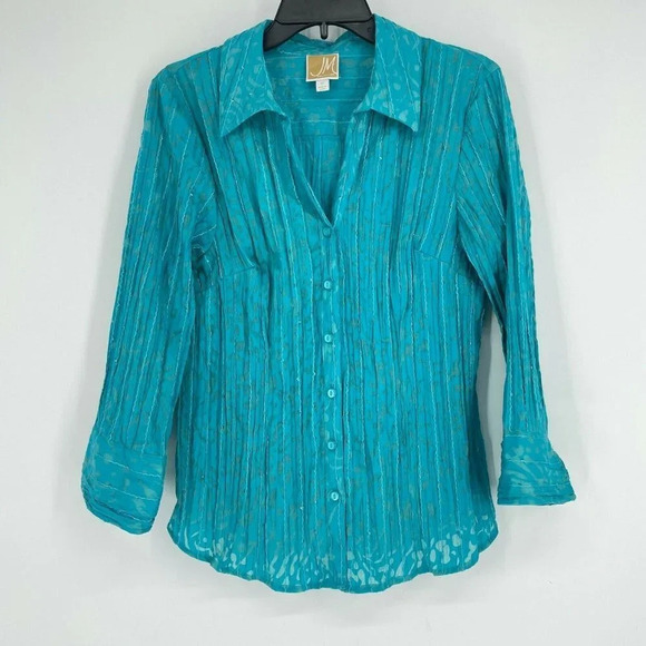 JM Collection Shirt Womens Sz 12 Blue Green Crepe Collared Button Up Long Sleeve - Picture 1 of 7